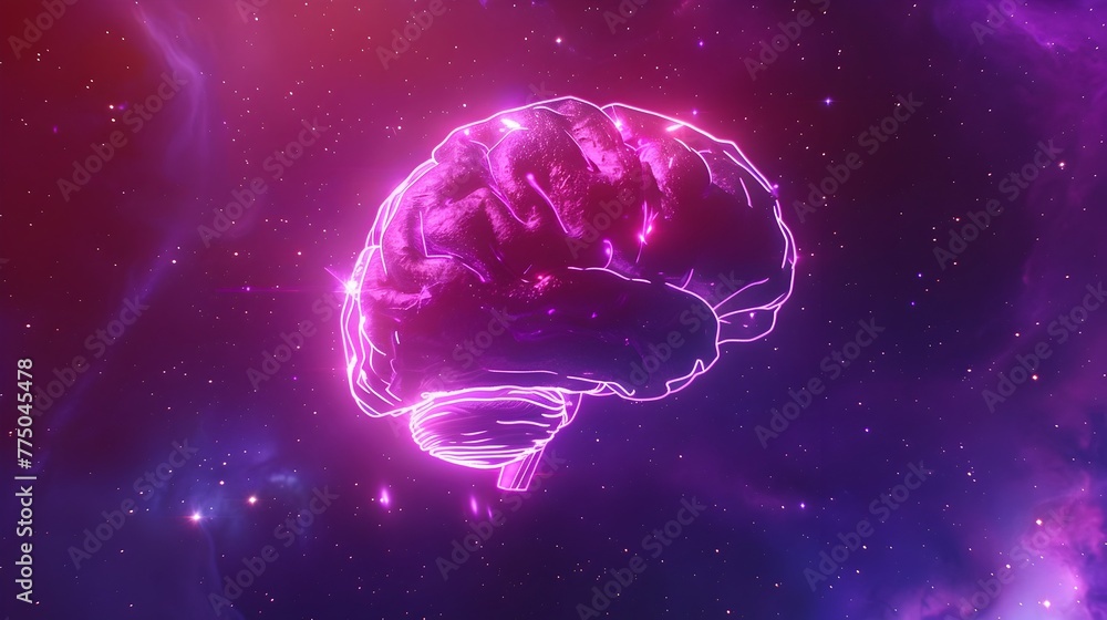 Poster neon brain floating in cosmic rays symbolizing boundless creativity and innovative thought
