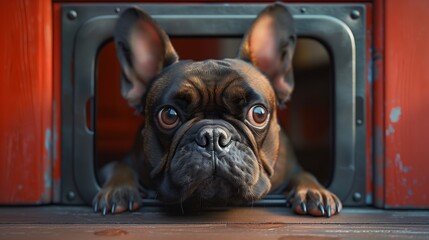 A curious French Bulldog with big brown eyes peers out of a doggy door, looking endearingly at the viewer. - obrazy, fototapety, plakaty