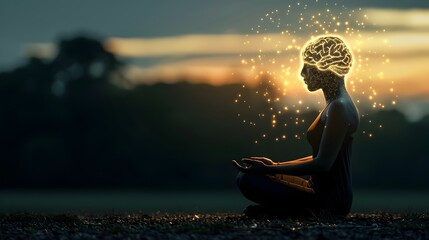 Serene Meditating Figure with Glowing Brain Amid Peaceful Nature Backdrop Representing Harmony of Mind and Spirit