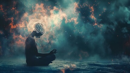 Meditative Figure Glowing Brain Serene Cosmic Backdrop Harmony Mind Spirit - obrazy, fototapety, plakaty