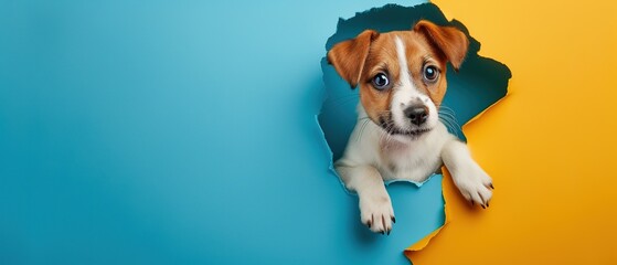 cute puppy peeking out of hole in color wall , with copy space for text.