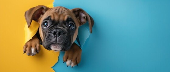 cute puppy peeking out of hole in color wall , with copy space for text.
