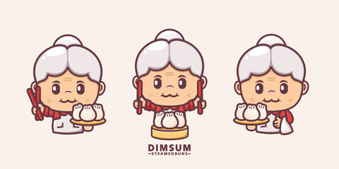 cute grandma cartoon with dimsum steamed buns