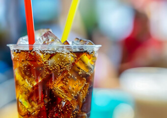 Iced Soda with Colorful Straws Close-Up