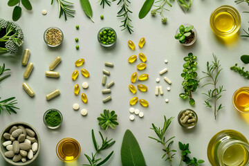 Assorted Nutritional Supplements and Greenery Flat Lay