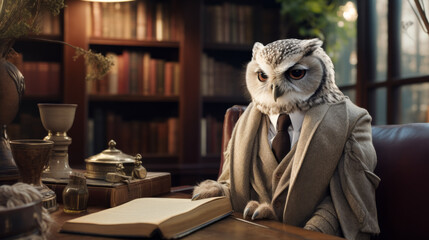 Visualize a sophisticated owl in a chic tweed blazer, paired with a leather messenger bag and vintage round glasses. Amidst shelves of antique books, it exudes intellect and refinement. Mood: studious