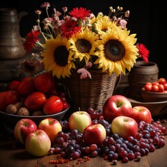 Fresh farm products on an old table: sunflowers, vegetables and berries.
