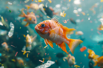 Goldfish live in a littered ocean. Concept of pollution of seas and oceans.