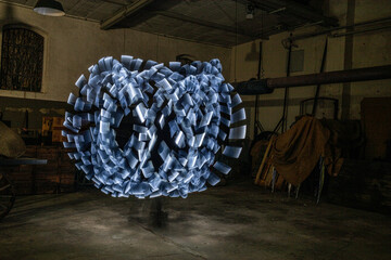 metallisch aussehende Leuchtfigur in einer Fabrikhalle aus lightpainting entstanden