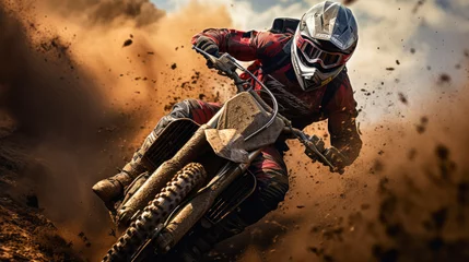 Fotobehang Motocross racing, Dirt track action, High-speed jumps, Dusty adrenaline, Motorbike close-ups, Extreme racing, Off-road adventures, Thrilling races, Helmet and gear, Action-packed rides © Dmitriy