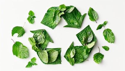 Green recycling symbol made out of leaves and elements of nature on white background. Banner with copy space. Concept of ecological waste management and recycling. - obrazy, fototapety, plakaty