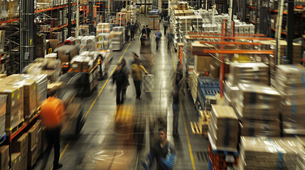 Obraz premium Aerial view of warehouse , busy workflow of hardware store emplyess , group of worker in large in motion blur