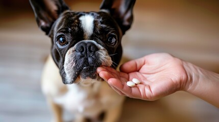 Photo a responsible owner gives pills to his French bulldog companion, taking care of his health