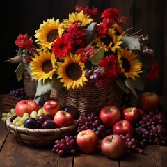 Sunny morning in rustic: sunflowers, apples, vegetables and berries.