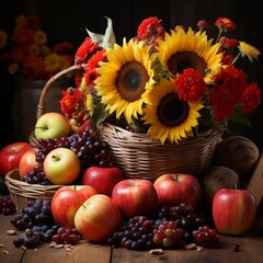 Naklejka na ściany i meble Bright mood on an old table: sunflowers, apples and vegetables.