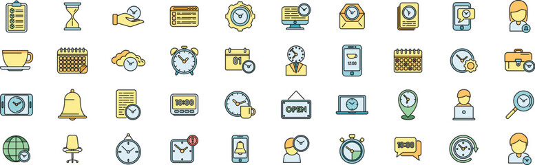 Flexible working hours icons set outline vector. Alarm clock. Work flexible thin line color flat on white