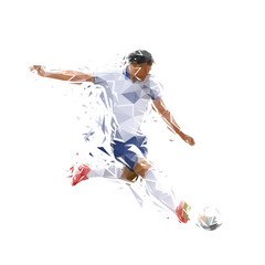 Football player kicking ball, isolated low poly illustration. Soccer logo - obrazy, fototapety, plakaty