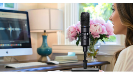 woman sitting in a home office speaking into a 6 inch tall podcast microphone standing on the desk.The home office is decorated in a cozy, pastel, whimiscal style