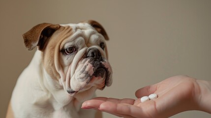 Photo a woman providing a red-and-white English bulldog with the necessary medicines for his optimal health and happiness