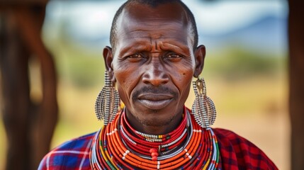 Portrait of a black man from the Masai Mara tribe with a traditional colorful necklace, earrings looking at the camera against the background of nature Africa. - obrazy, fototapety, plakaty