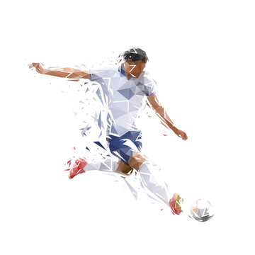 recommend clip art: Football player kicking ball, isolated low poly illustration. Soccer logo