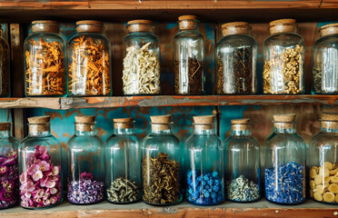 Apothecary Cabinet with Diverse Dried Herbs and Flowers - obrazy, fototapety, plakaty