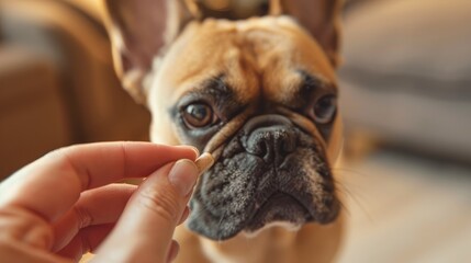 A photo of a woman caring for her french bulldog and giving him pills prescribed by a veterinarian for the disease