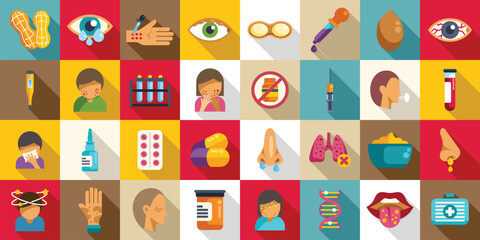Allergy to peanuts icons set flat vector. Food health. Skin disease diagnosis
