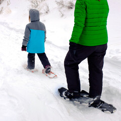 Family Snowshoeing in the Winter Snow kids having fun