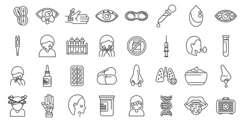 Allergy to peanuts icons set outline vector. Food health. Skin disease diagnosis - obrazy, fototapety, plakaty