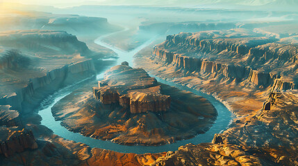 An aerial view of a dramatic canyon carved by a winding river - obrazy, fototapety, plakaty