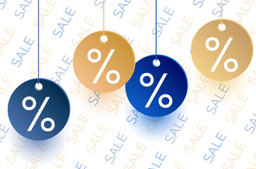Percent sale offer hanging tag signs promotion banner vector design. Advertising sale tags with discount percentage signs in gold blue colors. Hanging labels. - 775047831