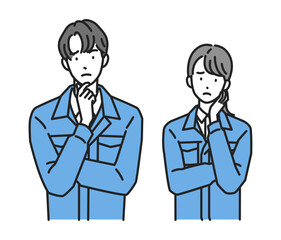 悩む作業服姿の男性と女性（上半身）