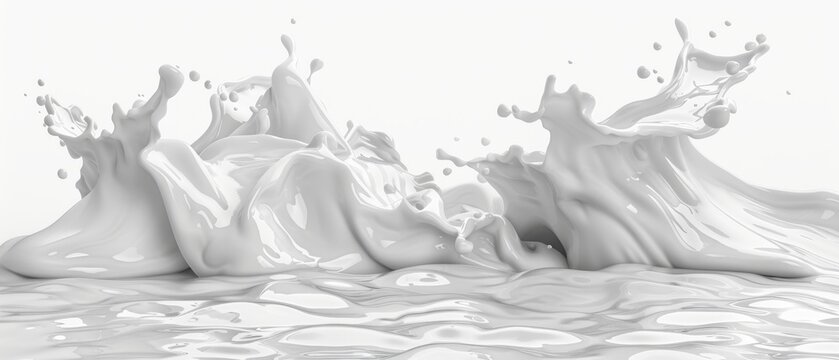 The white background is isolated on a 3D abstract liquid milk splash, white paint dynamics splashing.