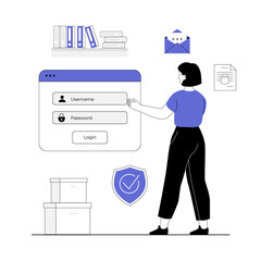login authentication page concept. Woman field login screen with username password on web page. Two factor authentication. Vector illustration with line people for web design.