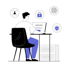 Data protection internet security. Lock personal data with fingerprint, face scan or password. Vector illustration with line people for web design.