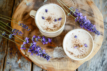 Obraz na płótnie Canvas Lavender Cappuccinos on Wooden Log Slice