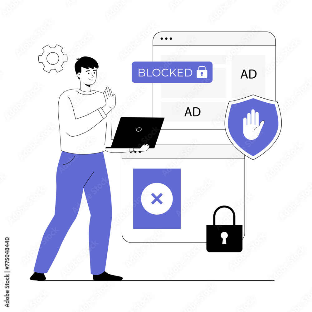 Poster ad blocking browser extension, online advertisement filtering software or application. spam protecti
