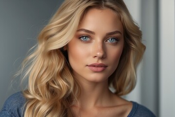 A blonde woman with blue eyes and a blue shirt