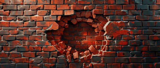 A digital illustration of an abstract broken red brick wall background with a hole isolated from it. - obrazy, fototapety, plakaty