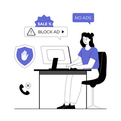 Ad blocking. No advertising, anti spam protection, without ads concept. Website Adblock software. Vector illustration with line people for web design.