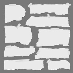 Set of torn white note paper pieces stuck with adhesive tape are on dark grey background for text or ad. - 775048683
