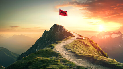 Mountain top Road going to achievement flag, Business goals achieve concept - obrazy, fototapety, plakaty