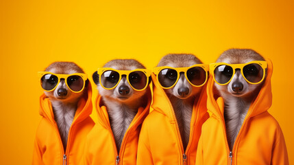 Stylish Meerkat Group in Bright Outfits Isolated on Solid Background - Perfect for Advertisements and Birthday Party Invitations - obrazy, fototapety, plakaty