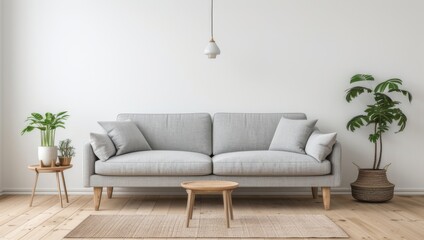 Fototapeta na wymiar A simple and elegant living room with wooden floor