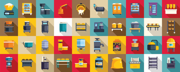 Bread production icons set flat vector. Food factory. Cake machine industry - obrazy, fototapety, plakaty