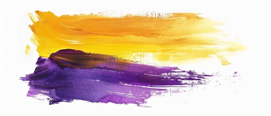 Abstract watercolor brush strokes on white background, paint smears, purple yellow palette swatches, modern wall art