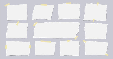 Set of torn white note paper pieces stuck with adhesive tape are on light grey background for text or ad. - obrazy, fototapety, plakaty