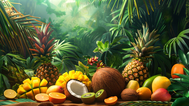 Tropical exotic fruits like pineapples, coconuts, and mangoes against a backdrop of lush green foliage and palm trees