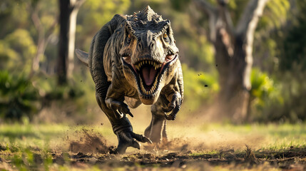 Lifelike dinosaur photographed in motion, running towards the viewer in a forest setting - obrazy, fototapety, plakaty